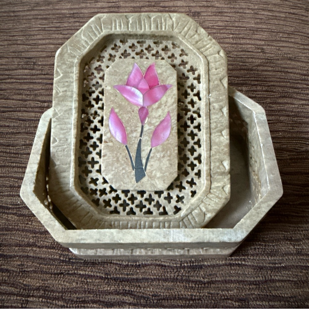 Trinket Box  Natural Carved Stone Inlay Vanity Jewelry Box Mother of Pearl Inlay